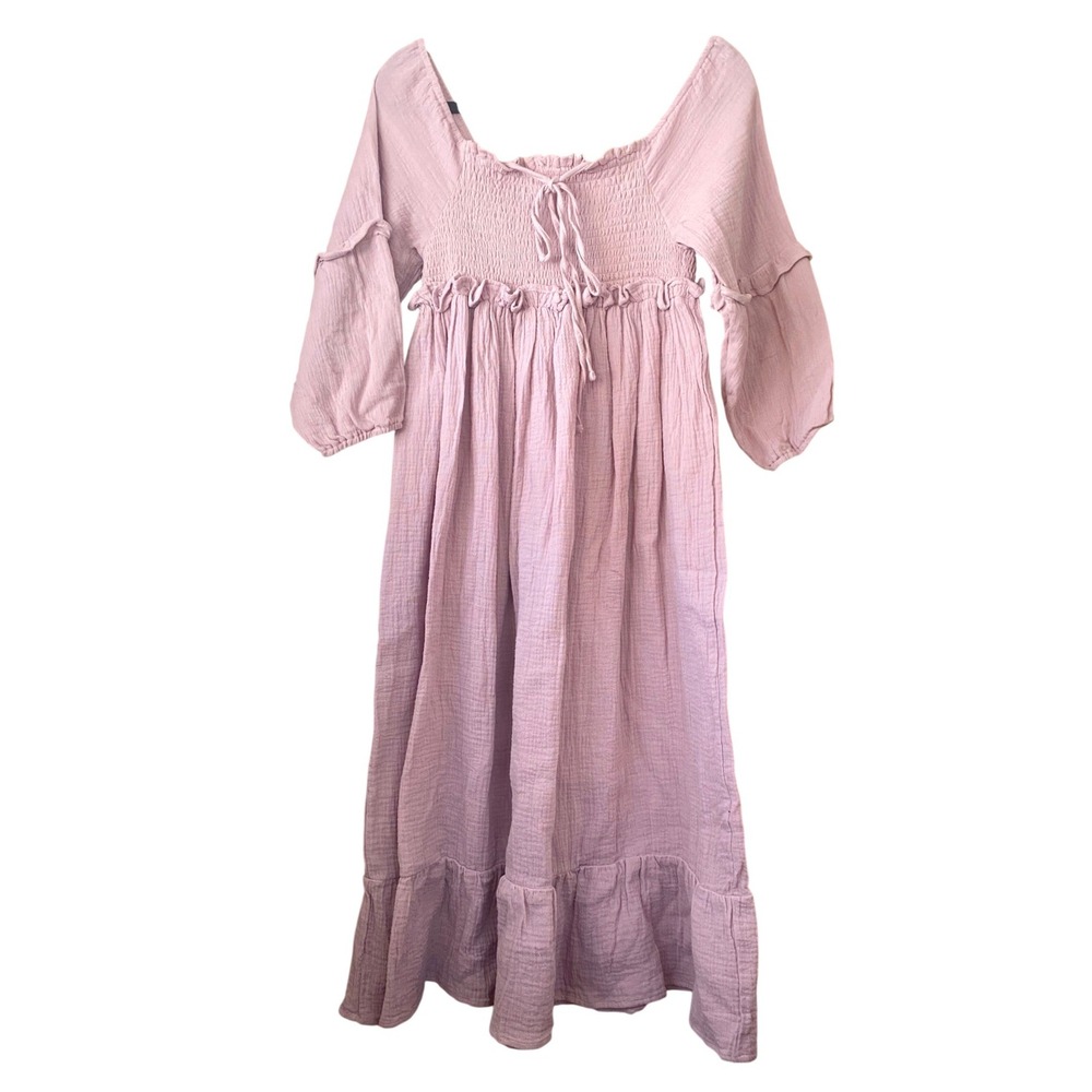 Indie‎ Blue Gauze Smocked Pink Midi Dress Medium Boho Romantic Feminine Coastal